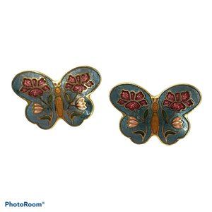 Cloisonne Butterfly Floral Earrings Pierced